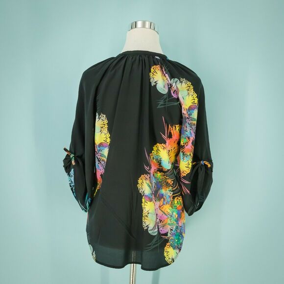 Yumi Kim S Silk Black Floral Print 3/4 Sleeve Top - Picture 2 of 5